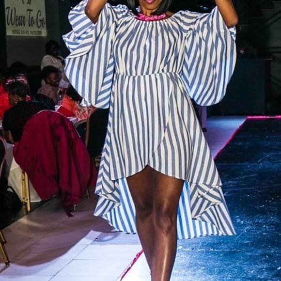 Off Shoulder, Striped, Ruffled Hi Lo Tango Dress - Picture 1 of 8
